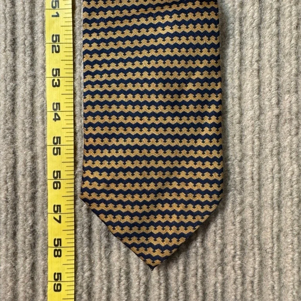 Tied & True Mens Silk Tie Navy Blue Gold Geometric Zig Zag Pattern Handmade